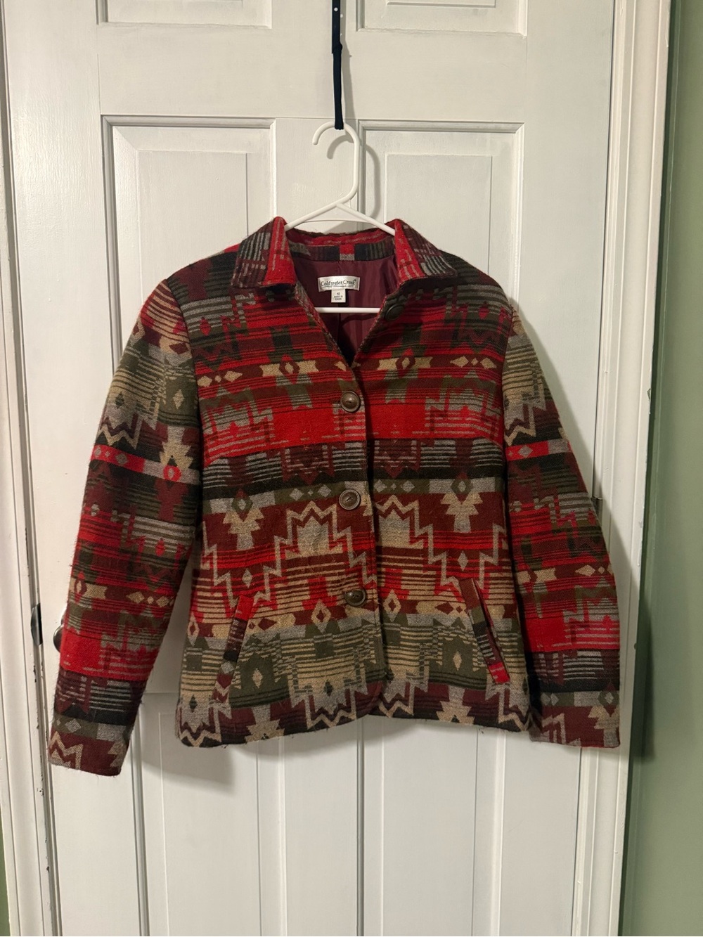 Coldwater Creek Patterned Red & Olive Southwestern Jacket - Women